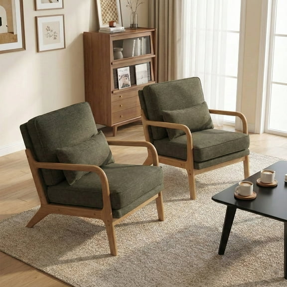 EOP Mid-Century Modern Accent Armchairs Set of 2 with Solid Wood Frame, Removable Soft Cushion & Lumbar Pillow, Upholstered Reading Leisure Chairs for Living Room Bedroom Balcony Waiting Room, Green