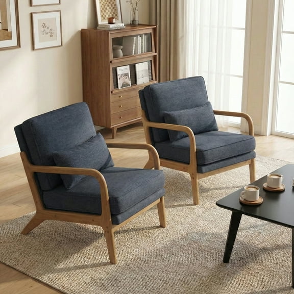 EOP Mid-Century Modern Accent Armchairs Set of 2 with Solid Wood Frame, Removable Soft Cushion & Lumbar Pillow, Upholstered Reading Leisure Chairs for Living Room Bedroom Balcony Waiting Room, Blue