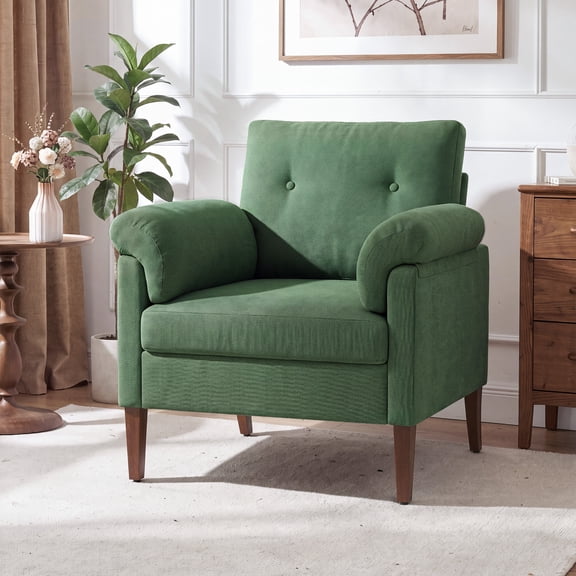 EOP Modern Accent Chair, Button-Tufted Linen Upholstered Armchair with Padded Arms & Solid Wood Legs, Reading Chair for Living Room, Bedroom, Green