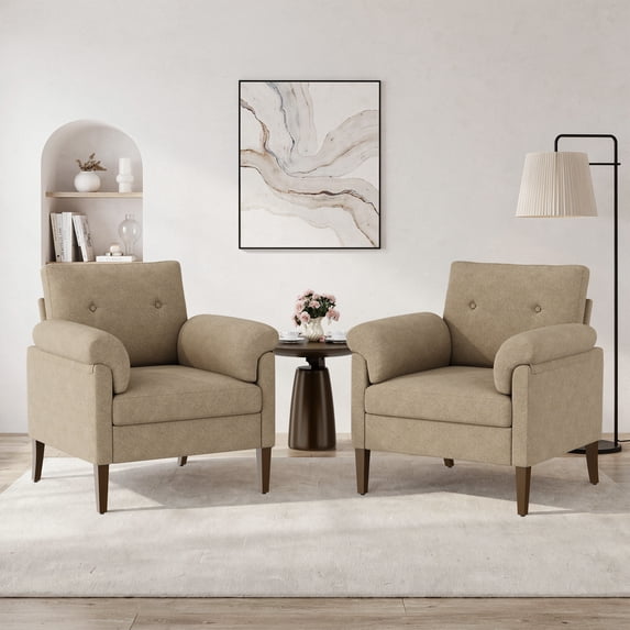 EOP Modern Accent Chairs Set of 2, Button-Tufted Linen Upholstered Armchairs with Padded Arms & Solid Wood Legs, Reading Chairs for Living Room, Bedroom, Brown