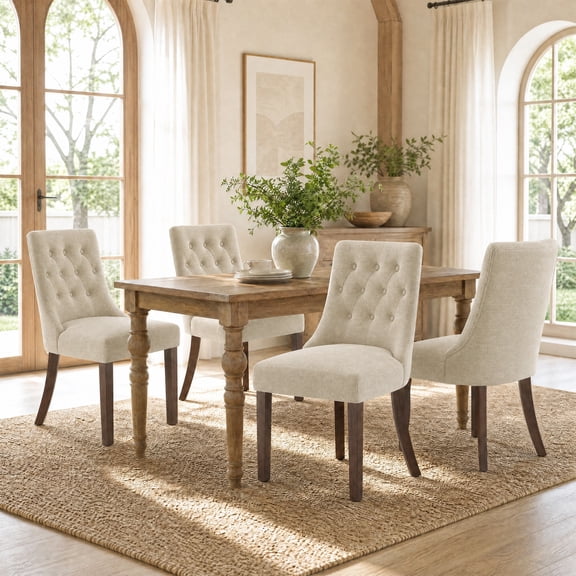 EOP Mid Century Modern Dining Chairs Set of 4, Farmhouse Upholstered Kitchen Chairs with Solid Wood Legs and Button Tufted for Dining Room, Camel