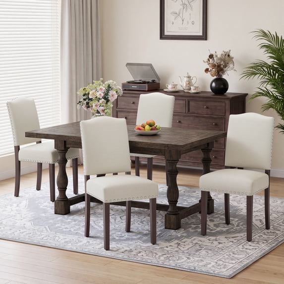 EOP Mid-Century Modern Upholstered Dining Chairs Set of 4, Farmhouse Fabric Kitchen & Dining Room Chairs with Extra Padded Seat, Ideal for Living Room, Restaurant, Beige