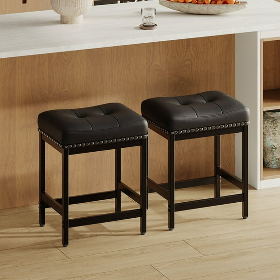 EOP Modern Counter Height Bar Stools Set of 2, Backless PU Leather Kitchen stools, Saddle Bar Chairs for Kitchen Counter, Dining Room, Cafe, Black