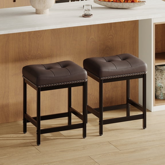 EOP Modern Counter Height Bar Stools Set of 2, Backless PU Leather Kitchen stools, Saddle Bar Chairs for Kitchen Counter, Dining Room, Cafe, Brown