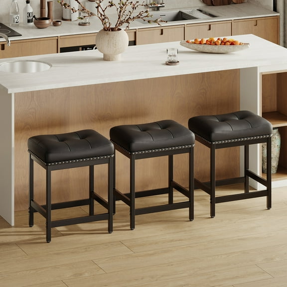 EOP Modern Counter Height Bar Stools Set of 3, Backless PU Leather Kitchen stools, Saddle Bar Chairs for Kitchen Counter, Dining Room, Cafe, Black