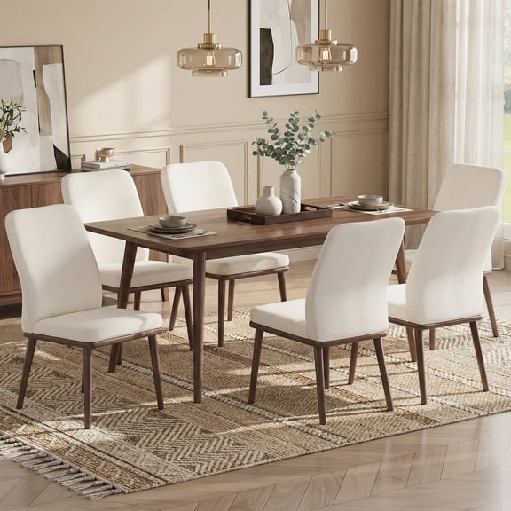 EOP Modern Dining Chairs Set of 6, Fabric Upholstered Dining Room Chairs, Wooden Armless Kitchen Side Chairs with Solid Wood Legs and Padded Seat, Beige