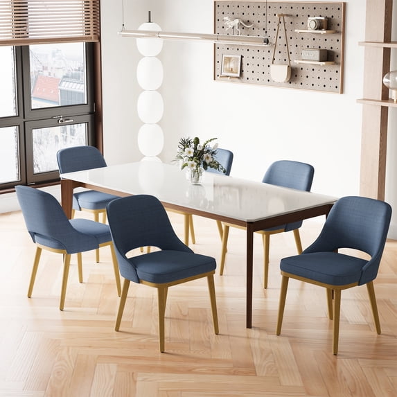 EOP Modern Dining Chairs Set of 6, Upholstered Dining Side Chairs with Solid Rubber Wood Legs, Open Back Design, Kitchen Dining Room Living Room Chairs with Curved Back, Blue