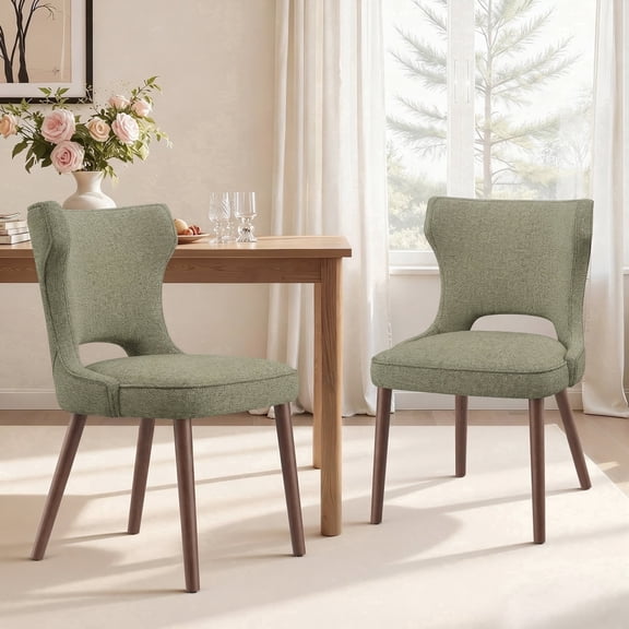 EOP Modern Upholstered Fabric Dining Chairs Set of 2, Mid-Century Dining Side Chairs with Solid Wood Legs & Wingback, Armless Dining Room Chairs for Dining Kitchen Living Room, Green