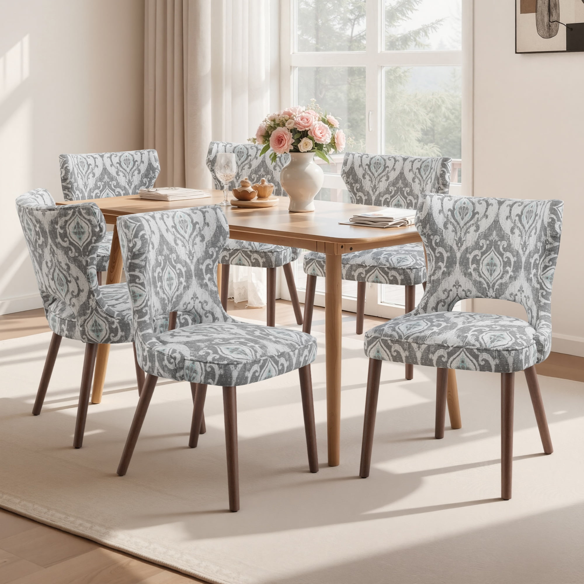 EOP Modern Fabric Upholstered Dining Chairs Set of 6, Wingback Dining Side Chairs with Solid Wood Legs, Farmhouse Dining Room Chairs for Dining Kitchen Living Room, Jacquard