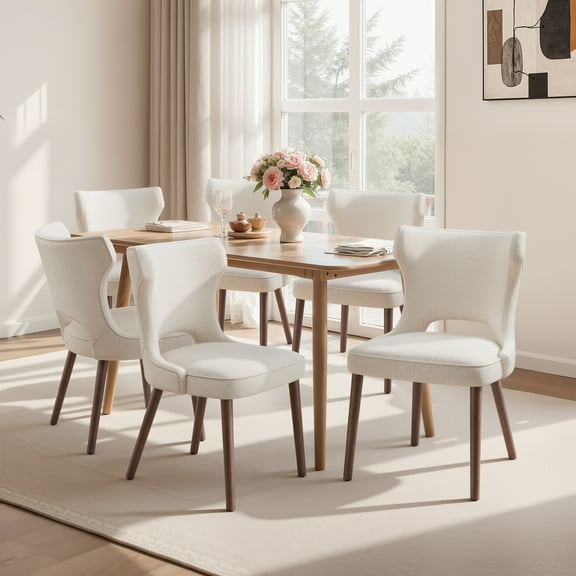 EOP Modern Fabric Upholstered Dining Chairs Set of 6, Wingback Dining Side Chairs with Solid Wood Legs, Farmhouse Dining Room Chairs for Dining Room, Kitchen, and Living Room, Beige