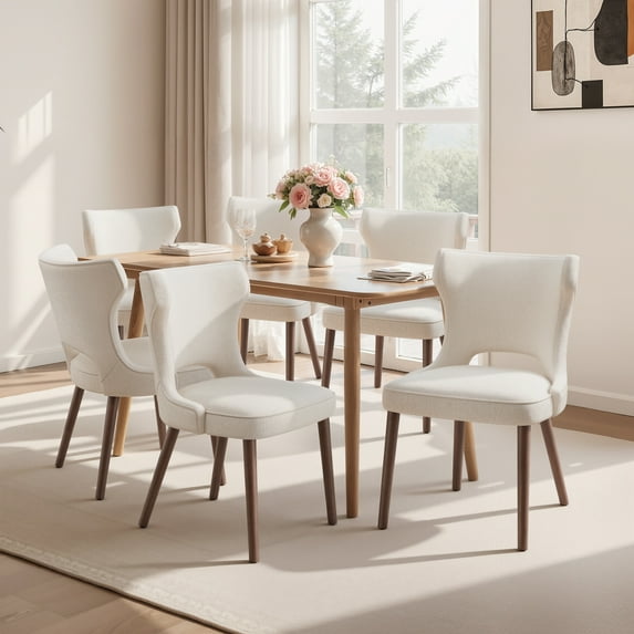 EOP Modern Fabric Upholstered Dining Chairs Set of 6, Wingback Dining Side Chairs with Solid Wood Legs, Farmhouse Dining Room Chairs for Dining Room, Kitchen, and Living Room, Beige