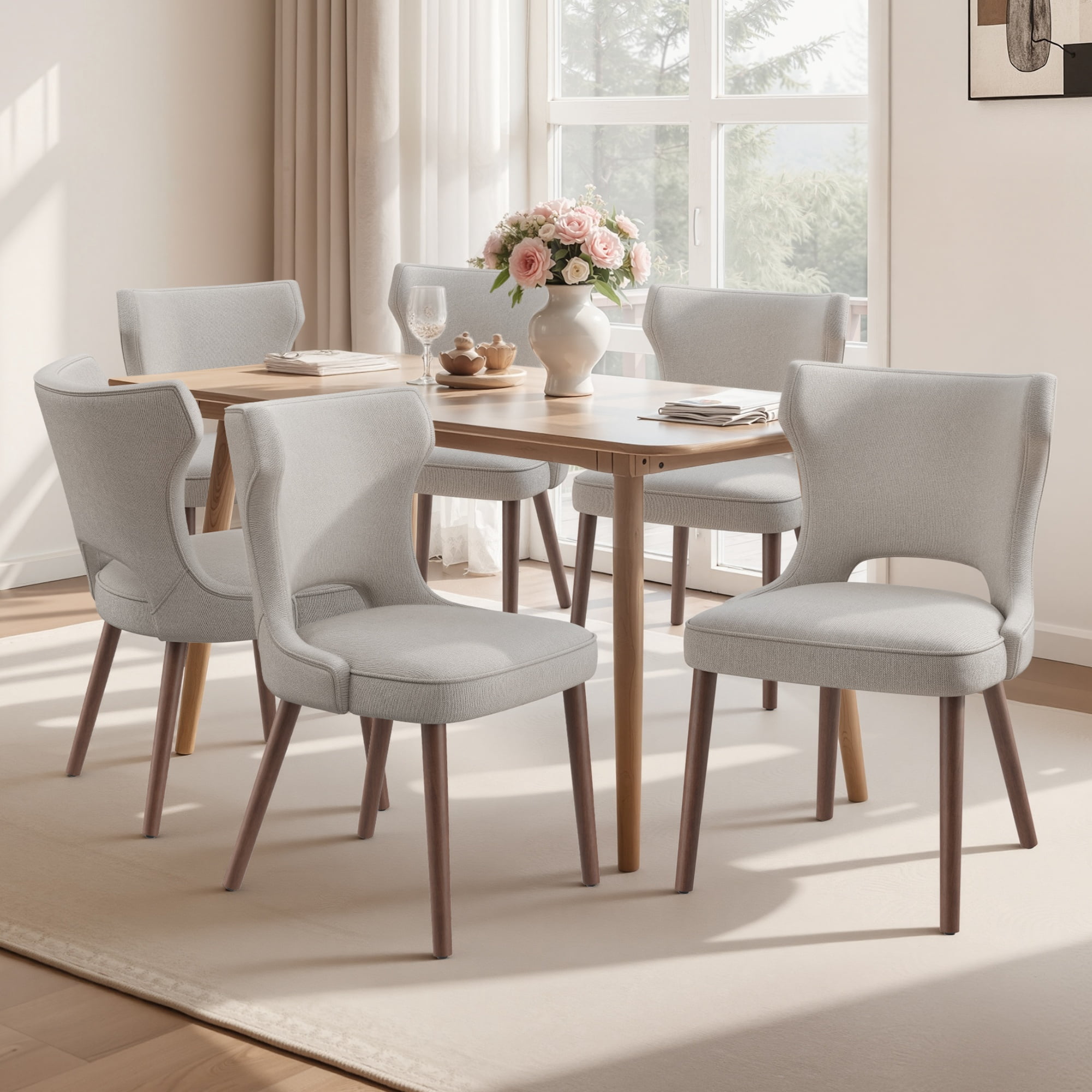 EOP Modern Fabric Upholstered Dining Chairs Set of 6, Wingback Dining Side Chairs with Solid Wood Legs, Farmhouse Dining Room Chairs for Dining Kitchen Living Room, Camel