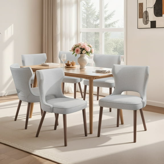 EOP Modern Fabric Upholstered Dining Chairs Set of 6, Wingback Dining Side Chairs with Solid Wood Legs, Farmhouse Dining Room Chairs for Dining Room, Kitchen, and Living Room, Light Gray