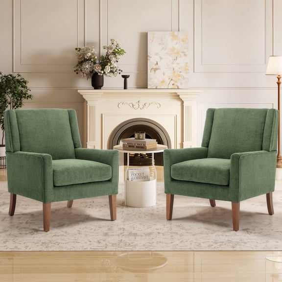 EOP Modern Oversized Accent Chairs Set of 2, Upholstered Fabric Reading Armchairs, Living Room Chairs with Wood Legs, Single Sofa Chairs for Living Room, Bedroom, Office, Green