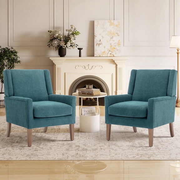 EOP Modern Oversized Accent Chairs Set of 2, Upholstered Fabric Reading Armchairs, Living Room Chairs with Wood Legs, Single Sofa Chairs for Living Room, Bedroom, Office, Teal
