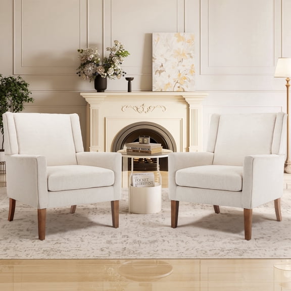 EOP Modern Oversized Accent Chairs Set of 2, Upholstered Fabric Reading Armchairs, Living Room Chairs with Wood Legs, Single Sofa Chairs for Living Room, Bedroom, Office, Beige