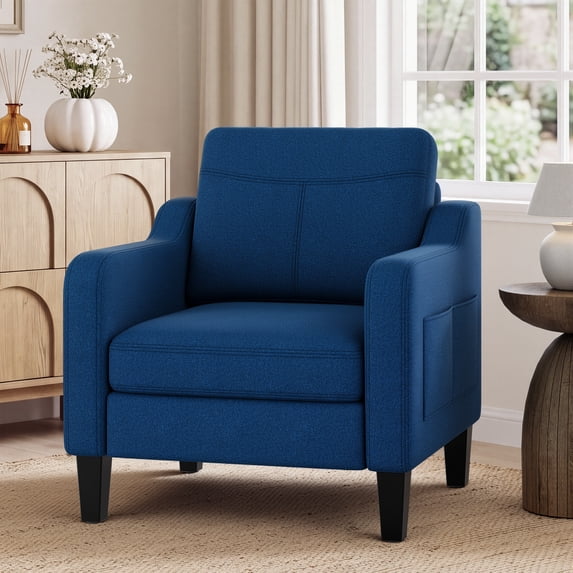 EOP Modern Comfy Armchair, Linen Fabric Accent Chair with Side Pockets, Living Room Chair with Foldable Table, Upholstered Reading Chair for Bedroom, Blue