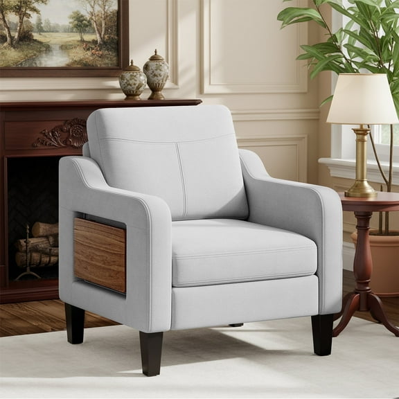 EOP Modern Upholstered Armchair, Linen Fabric Accent Chair with 2 Side Pockets, Living Room Chair with Foldable Table, Comfy Reading Chair for Bedroom, Light Gray