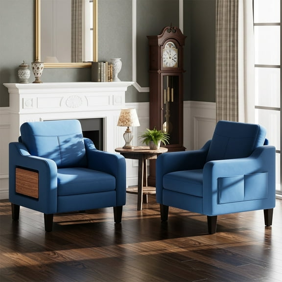 EOP Modern Upholstered Armchairs Set of 2, Linen Fabric Accent Chairs with 2 Side Pockets, Living Room Chairs with Foldable Table, Comfy Reading Chairs for Bedroom, Blue