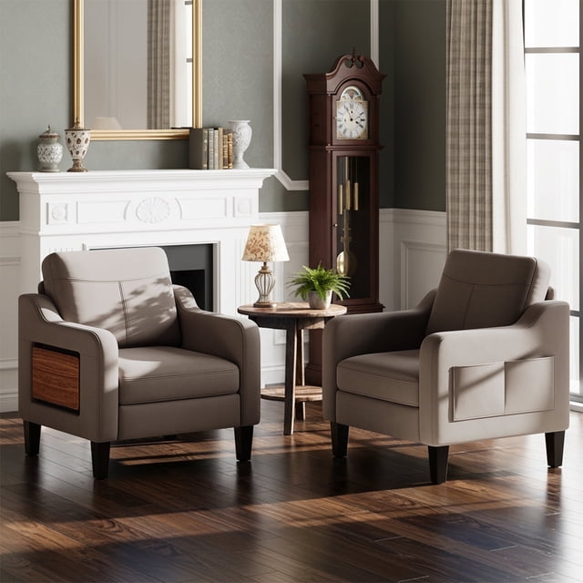 EOP Modern Upholstered Armchairs Set of 2, Linen Fabric Accent Chairs with 2 Side Pockets, Living Room Chairs with Foldable Table, Comfy Reading Chairs for Bedroom, Brown