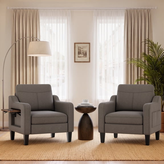 EOP Modern Comfy Armchairs Set of 2, Linen Fabric Accent Chairs with 2 Side Pockets, Living Room Chairs with Foldable Table, Upholstered Reading Chairs for Bedroom, Brown