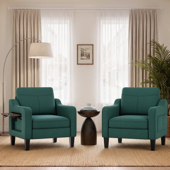 EOP Modern Comfy Armchairs Set of 2, Linen Fabric Accent Chairs with 2 Side Pockets, Living Room Chairs with Foldable Table, Upholstered Reading Chairs for Bedroom, Green