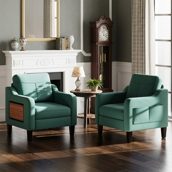 EOP Modern Upholstered Armchairs Set of 2, Linen Fabric Accent Chairs with 2 Side Pockets, Living Room Chairs with Foldable Table, Comfy Reading Chairs for Bedroom, Green