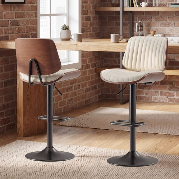 EOP Modern Upholstered Barstools Set of 2, Adjustable Height Counter Stools with Bentwood, Faux Leather Swivel Bar Stools with Metal Frame, Beige