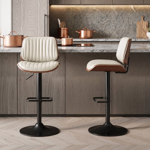 EOP Modern Upholstered Barstools Set of 2, Adjustable Height Counter Stools with Bentwood, Faux Leather Swivel Bar Stools with Metal Frame, Beige