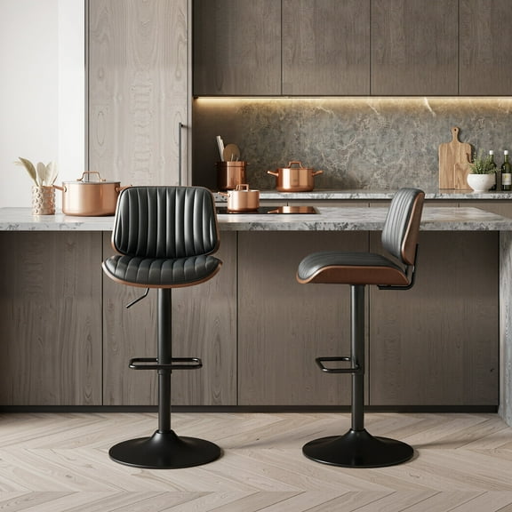 EOP Modern Upholstered Barstools Set of 2, Adjustable Height Counter Stools with Bentwood, Faux Leather Swivel Bar Stools with Metal Frame, Black