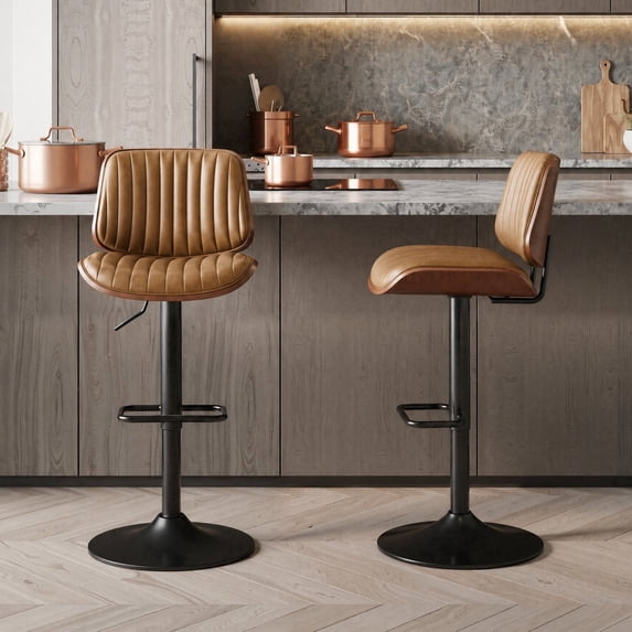 EOP Modern Upholstered Barstools Set of 2, Adjustable Height Counter Stools with Bentwood, Faux Leather Swivel Bar Stools with Metal Frame, Brown