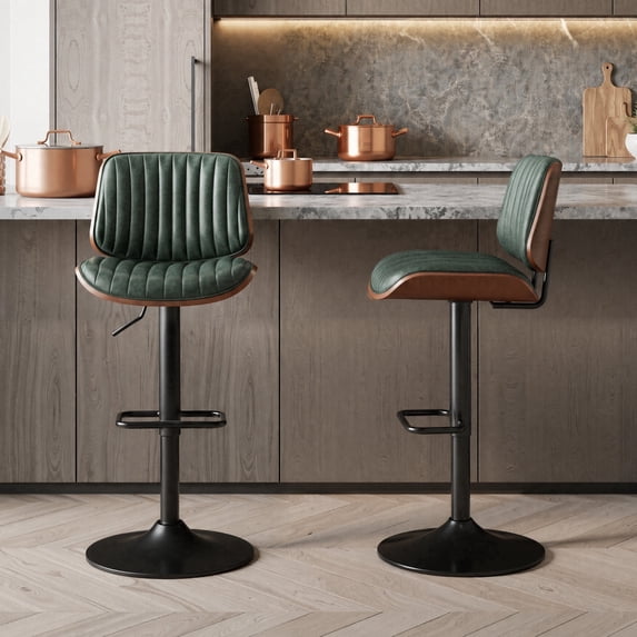 EOP Modern Upholstered Barstools Set of 2, Adjustable Height Counter Stools with Bentwood, Faux Leather Swivel Bar Stools with Metal Frame, Green