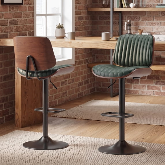 EOP Modern Upholstered Barstools Set of 2, Adjustable Height Counter Stools with Bentwood, Faux Leather Swivel Bar Stools with Metal Frame, Green