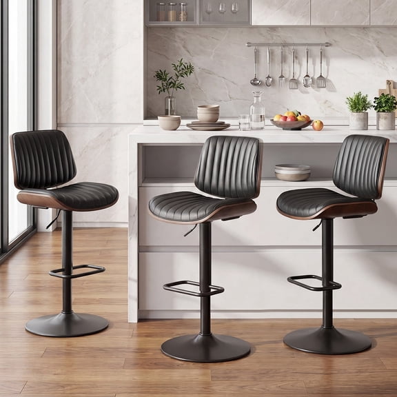 EOP Modern Upholstered Barstools Set of 3, Adjustable Height Counter Stools with Bentwood, Faux Leather Swivel Bar Stools with Metal Frame, Black