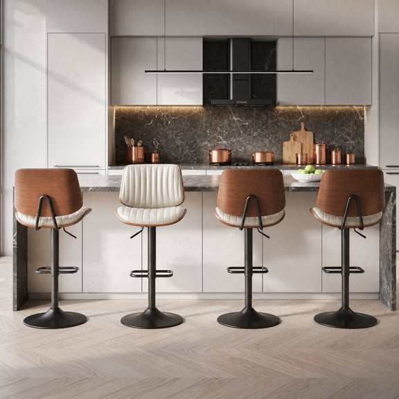 EOP Modern Upholstered Barstools Set of 4, Adjustable Height Counter Stools with Bentwood, Faux Leather Swivel Bar Stools with Metal Frame, Beige