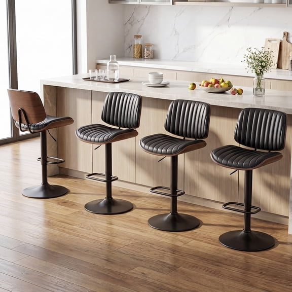 EOP Modern Upholstered Barstools Set of 4, Adjustable Height Counter Stools with Bentwood, Faux Leather Swivel Bar Stools with Metal Frame, Black