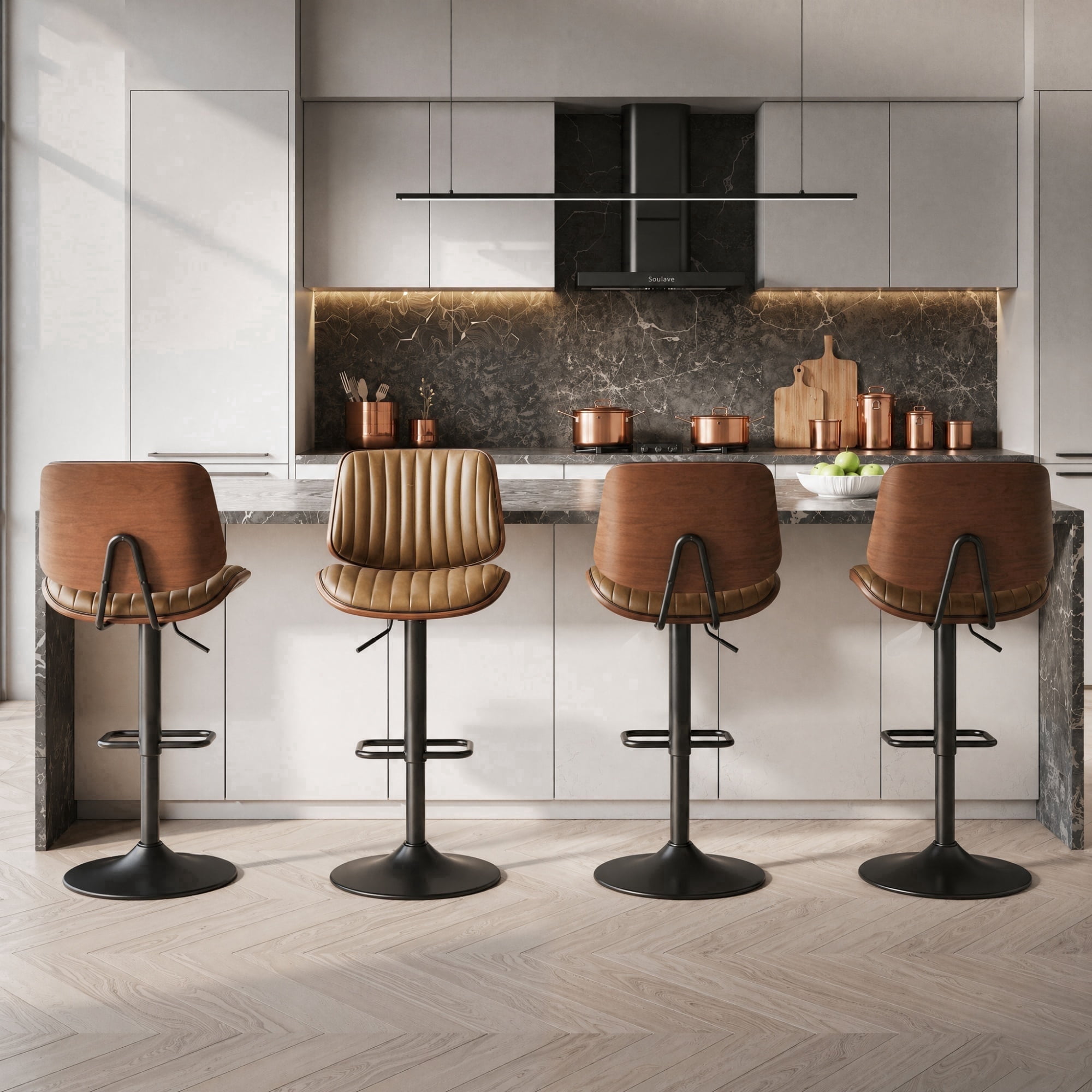 EOP Modern Upholstered Barstools Set of 4, Adjustable Height Counter Stools with Bentwood, Faux Leather Swivel Bar Stools with Metal Frame, Brown