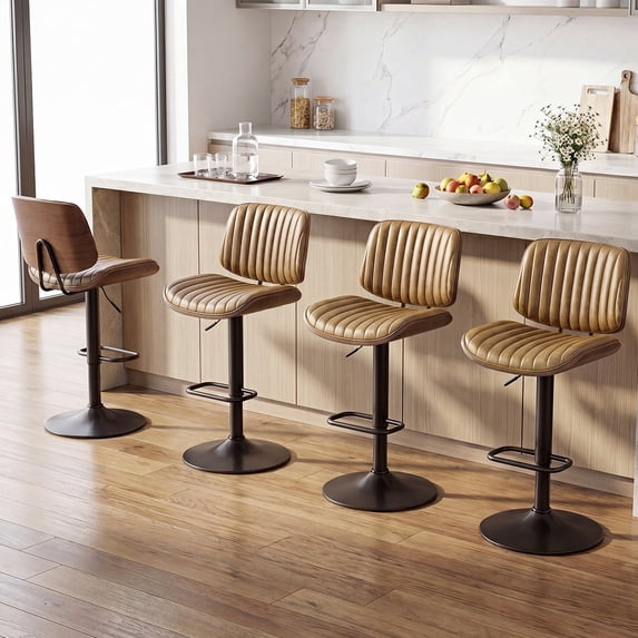 EOP Modern Upholstered Barstools Set of 4, Adjustable Height Counter Stools with Bentwood, Faux Leather Swivel Bar Stools with Metal Frame, Brown
