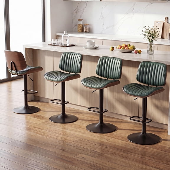 EOP Modern Upholstered Barstools Set of 4, Adjustable Height Counter Stools with Bentwood, Faux Leather Swivel Bar Stools with Metal Frame, Green