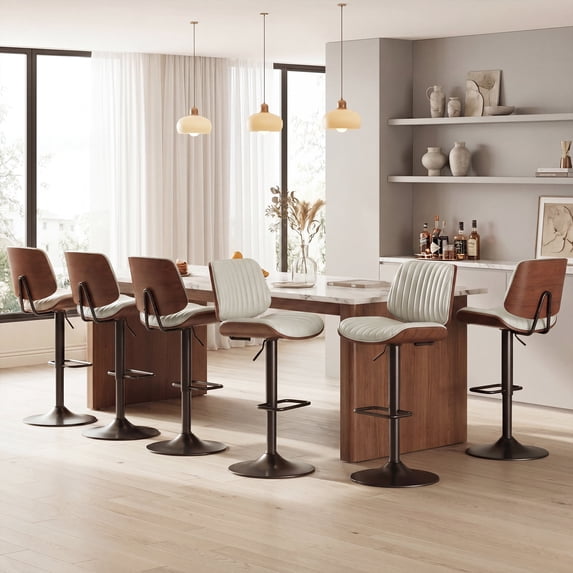 EOP Modern Upholstered Barstools Set of 6, Adjustable Height Counter Stools with Bentwood, Faux Leather Swivel Bar Stools with Metal Frame, Beige