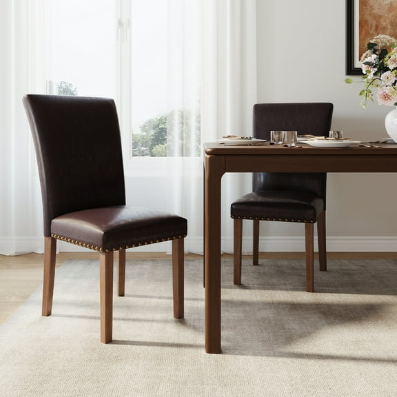 EOP Modern Upholstered Dining Chairs Set of 2, Tufted Parsons Dining Room Chair with Nailhead Trim, Armless Kitchen Side Chair with Wood Legs, Dark Brown