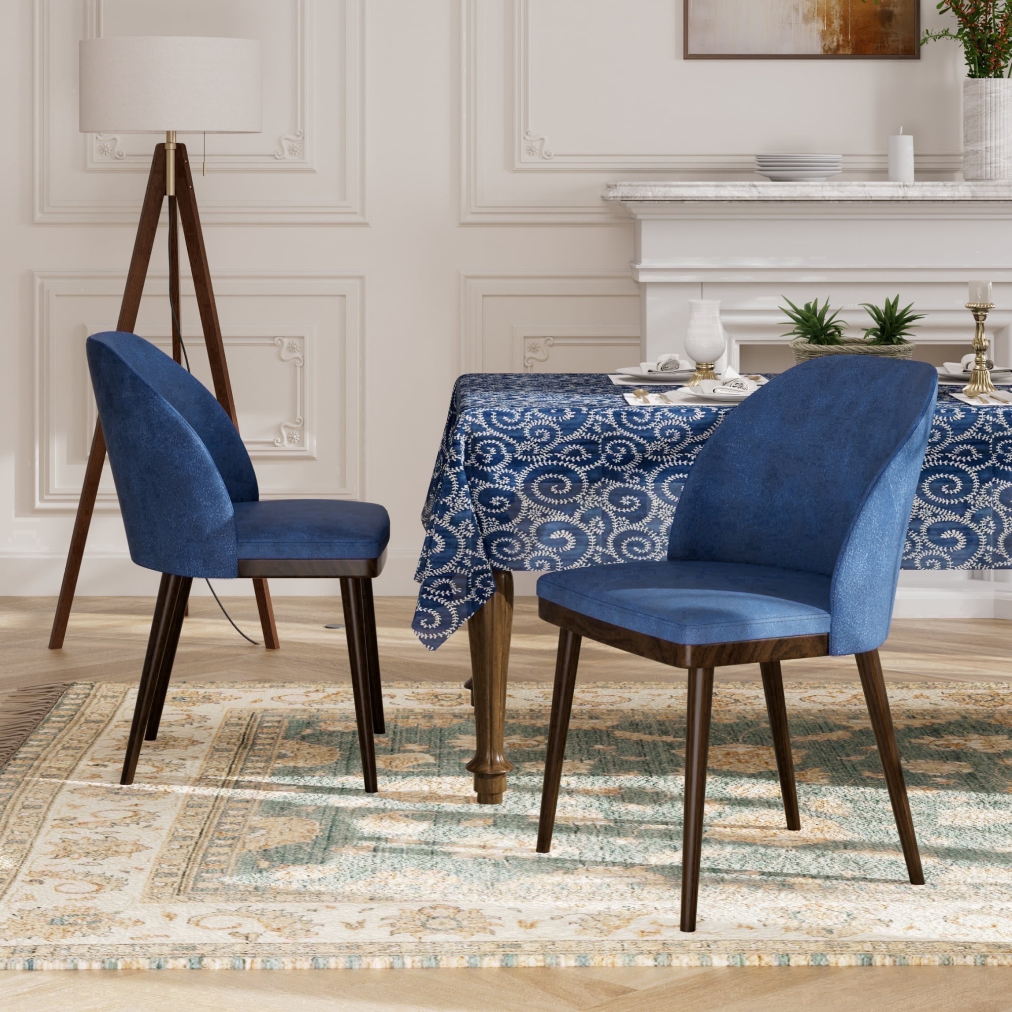 EOP Modern Upholstered Dining Chairs Set of 2, Wooden Dining Side Chairs with Curved Backrest, Armless Kitchen Chairs for Dining Room & Restaurant, Blue