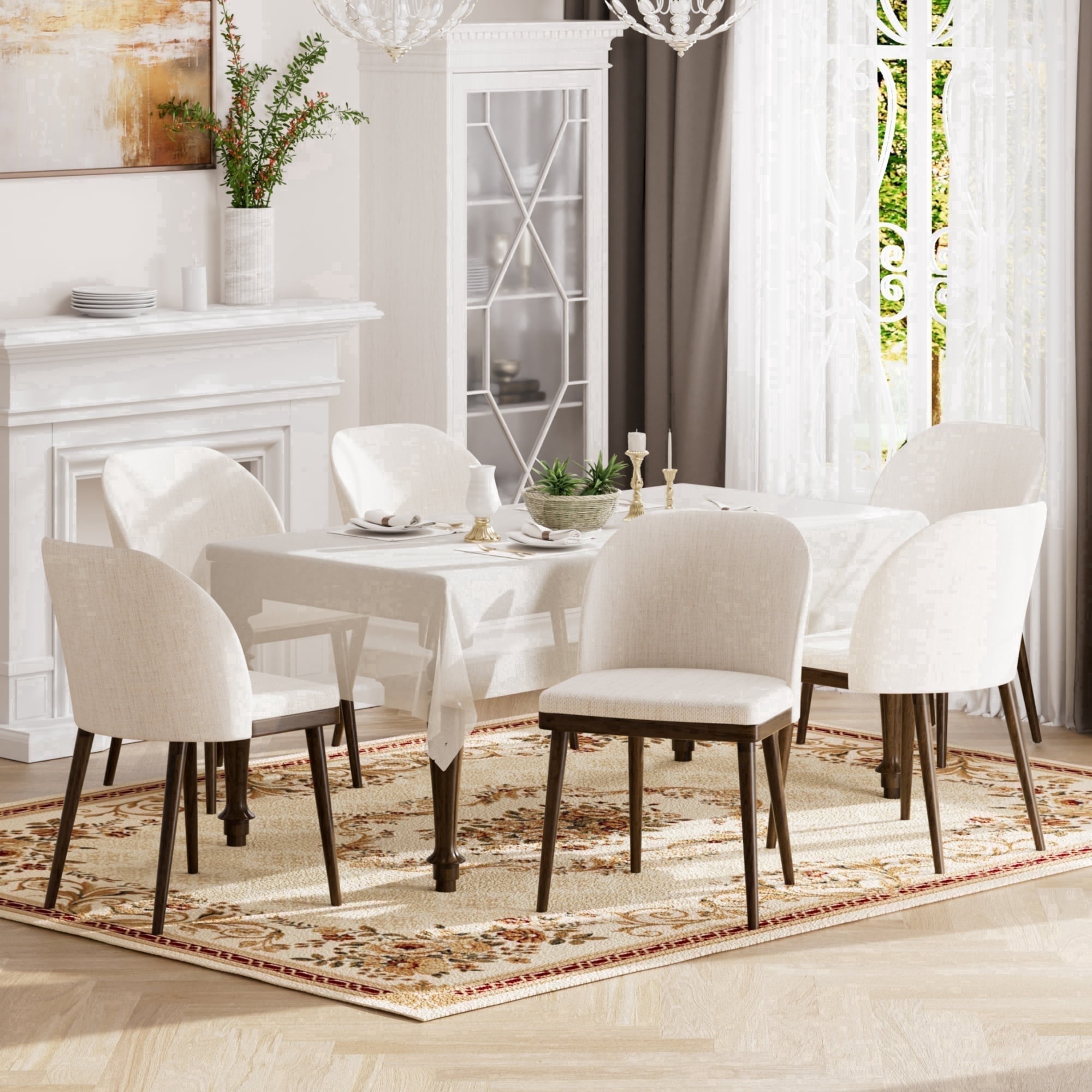 EOP Modern Upholstered Dining Chairs Set of 6, Wooden Dining Side Chairs with Curved Backrest, Armless Kitchen Chairs for Dining Room & Restaurant, Beige