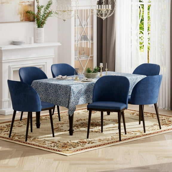 EOP Modern Upholstered Dining Chairs Set of 6, Wooden Dining Side Chairs with Curved Backrest, Armless Kitchen Chairs for Dining Room & Restaurant, Blue