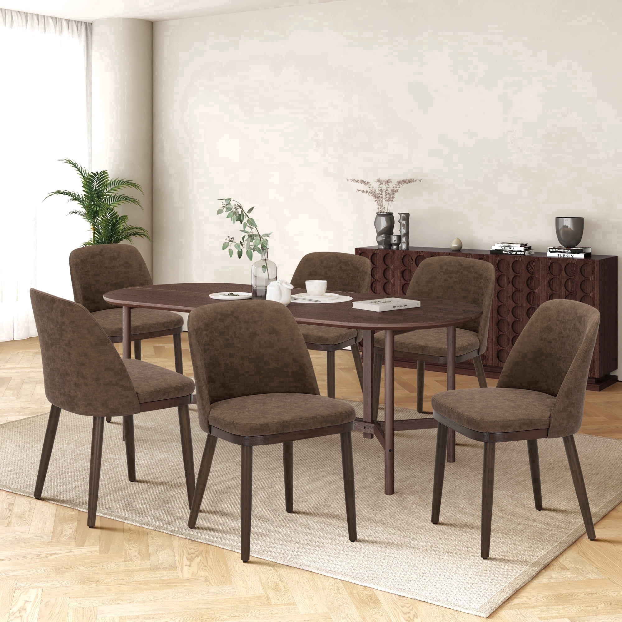 EOP Modern Upholstered Dining Chairs Set of 6, Wooden Dining Side Chairs with Curved Backrest, Armless Kitchen Chairs for Dining Room & Restaurant, Dark Brown