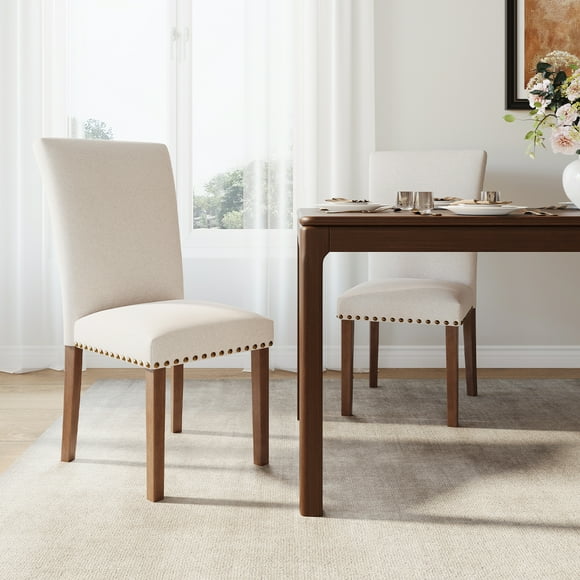 EOP Modern Upholstered Dining Chairs Set of 2, Tufted Parsons Dining Room Chair with Nailhead Trim, Armless Kitchen Side Chair with Wood Legs, Beige
