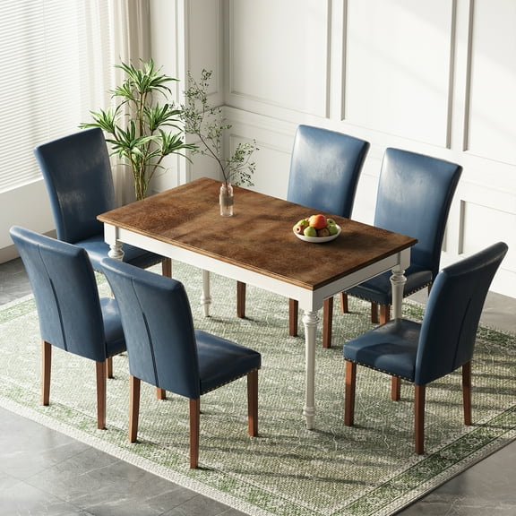 EOP Modern Upholstered Dining Chairs Set of 6, Tufted Parsons Dining Room Chair with Nailhead Trim, Armless Kitchen Side Chair with Wood Legs, Blue