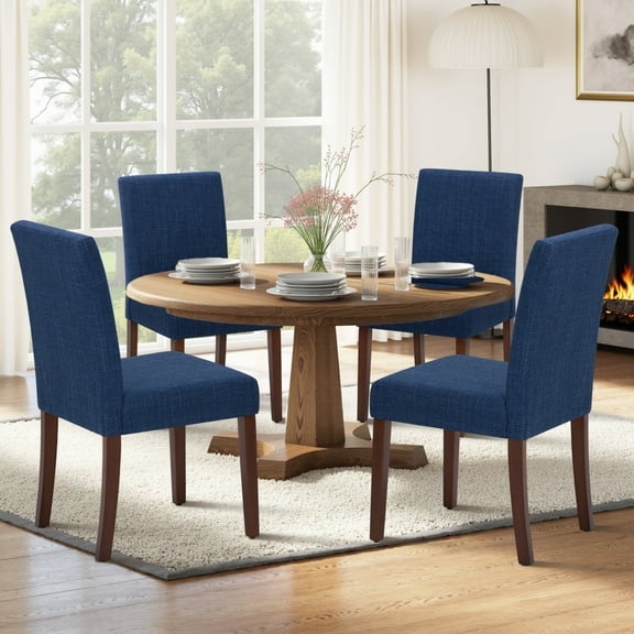 EOP Modern Upholstered Parsons Dining Chairs Set of 4, Line Fabric Farmhouse Kitchen Chairs, High-Back Dining Side Chairs with Solid Wood Legs for Dinner, Restaurant, Blue