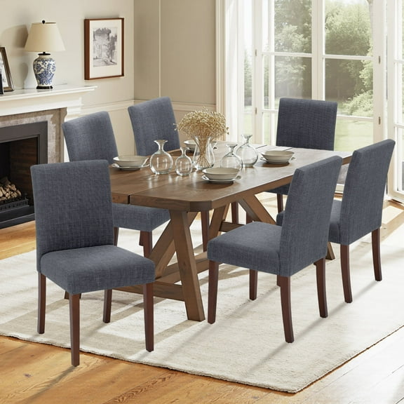 EOP Modern Upholstered Parsons Dining Chairs Set of 6, Line Fabric Farmhouse Kitchen Chairs, High-Back Dining Side Chairs with Solid Wood Legs for Dinner, Restaurant, Dark Gray