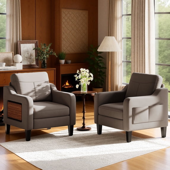EOP Set of 2 Accent Chairs with Foldable Table, Brown Linen Fabric Armchairs with Side Pockets, Comfy Reading Chairs for Living Room Bedroom